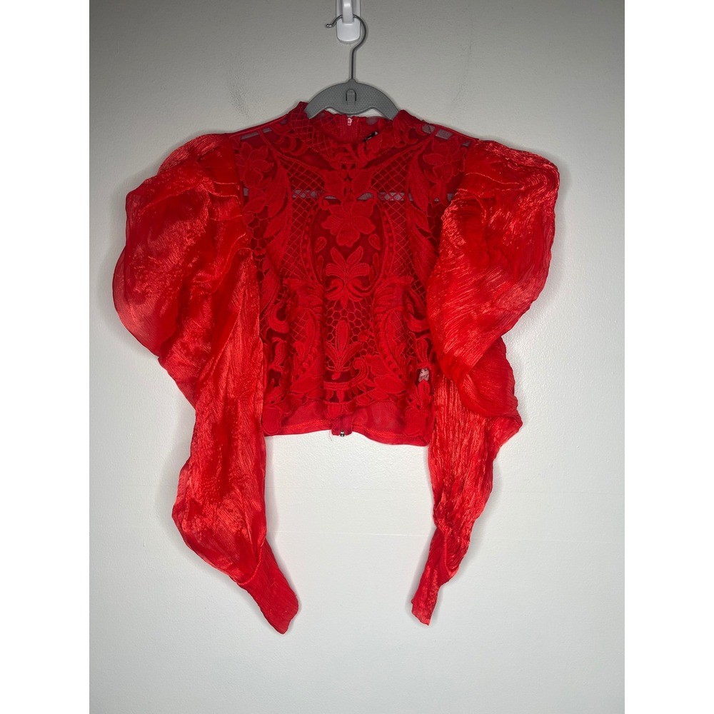 AKIRA Red Lace Velvet Dramatic Balloon Sleeve Blouse Top Women's S Romantic Goth